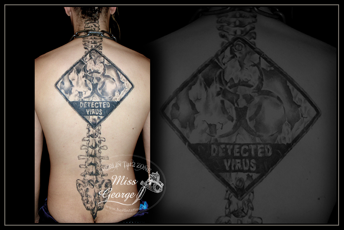 Tattoo Biohazardemblem mit Wirbelsäule auf Rücken by Miss George Berlin Tat2Zone