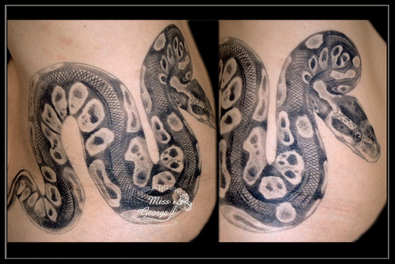 tattoo black&white snake realistic hüfte von miss george
