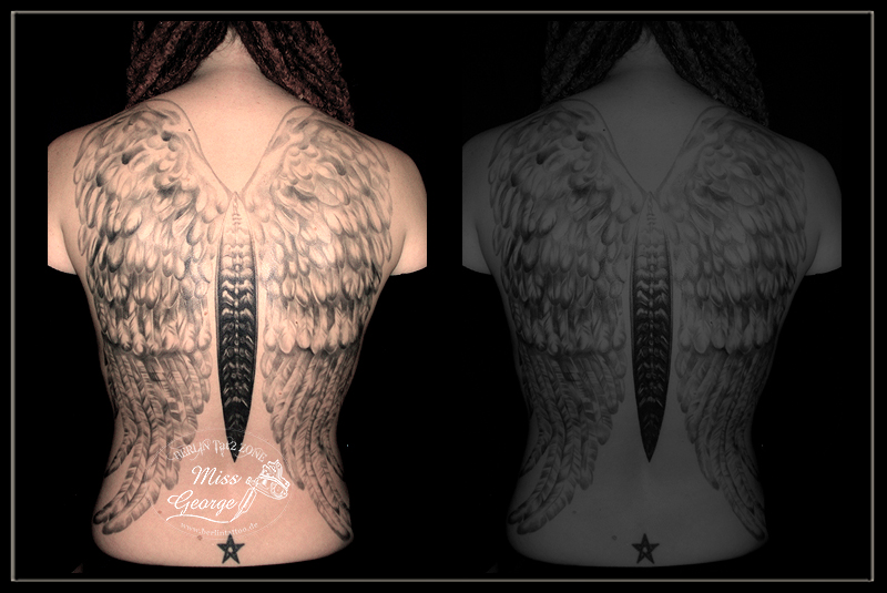 tattoo engelsflügel über ganzen rücken mit mittelteil aus knochen von miss george