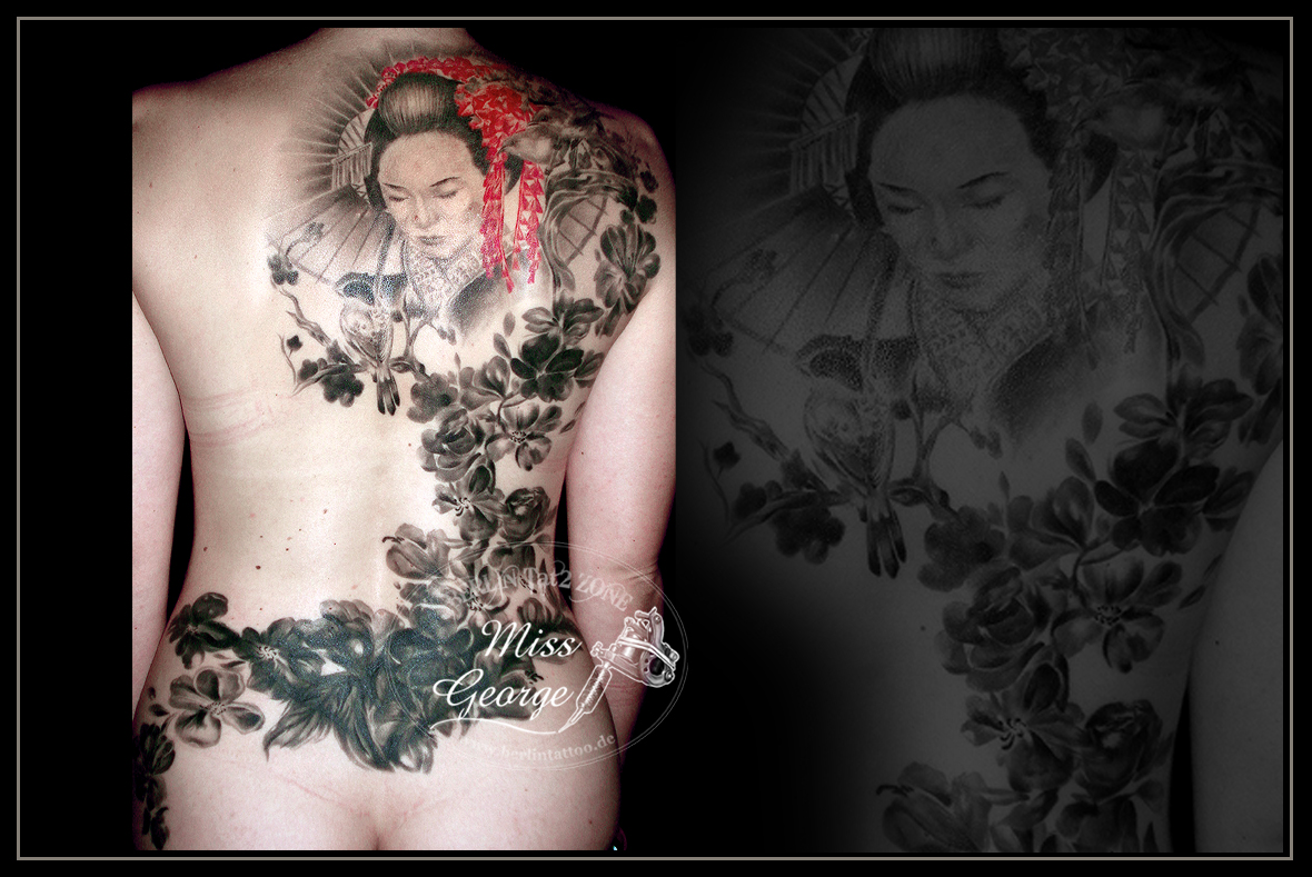 Tattoo Geisha mit Tuschblumen Rücken. Miss George Berlin Tat2 Zone
