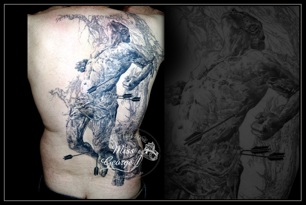 tattoo st. sebastian abstrakt auf rücken von miss george
